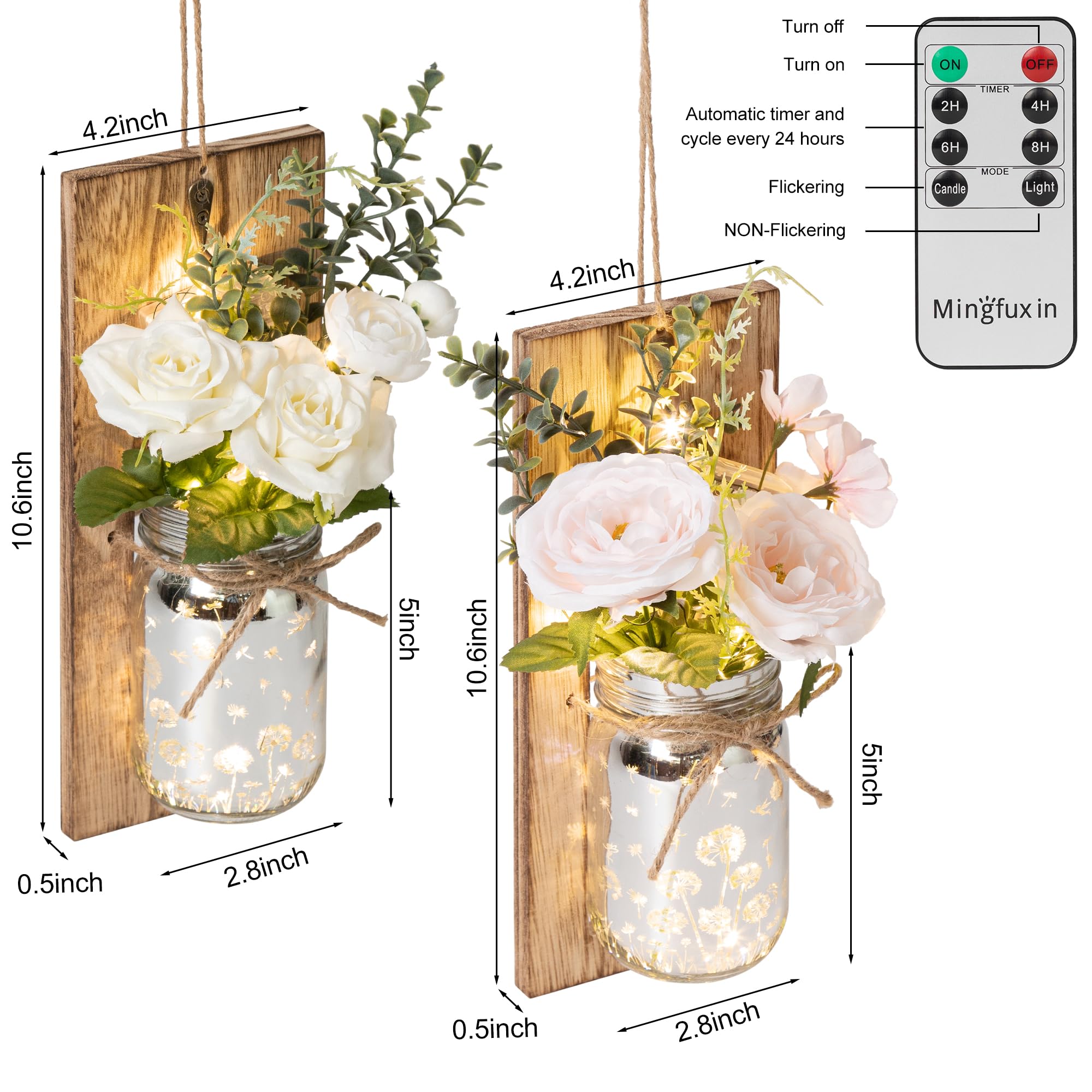 Mingfuxin Mason Jar Wall Sconces, Hanging Farmhouse Wall Decorations with Remote Control LED Light, Rustic Home Indoor Decor Artificial Flowers for Bedroom Living Room Set of 2 (NO Battery)