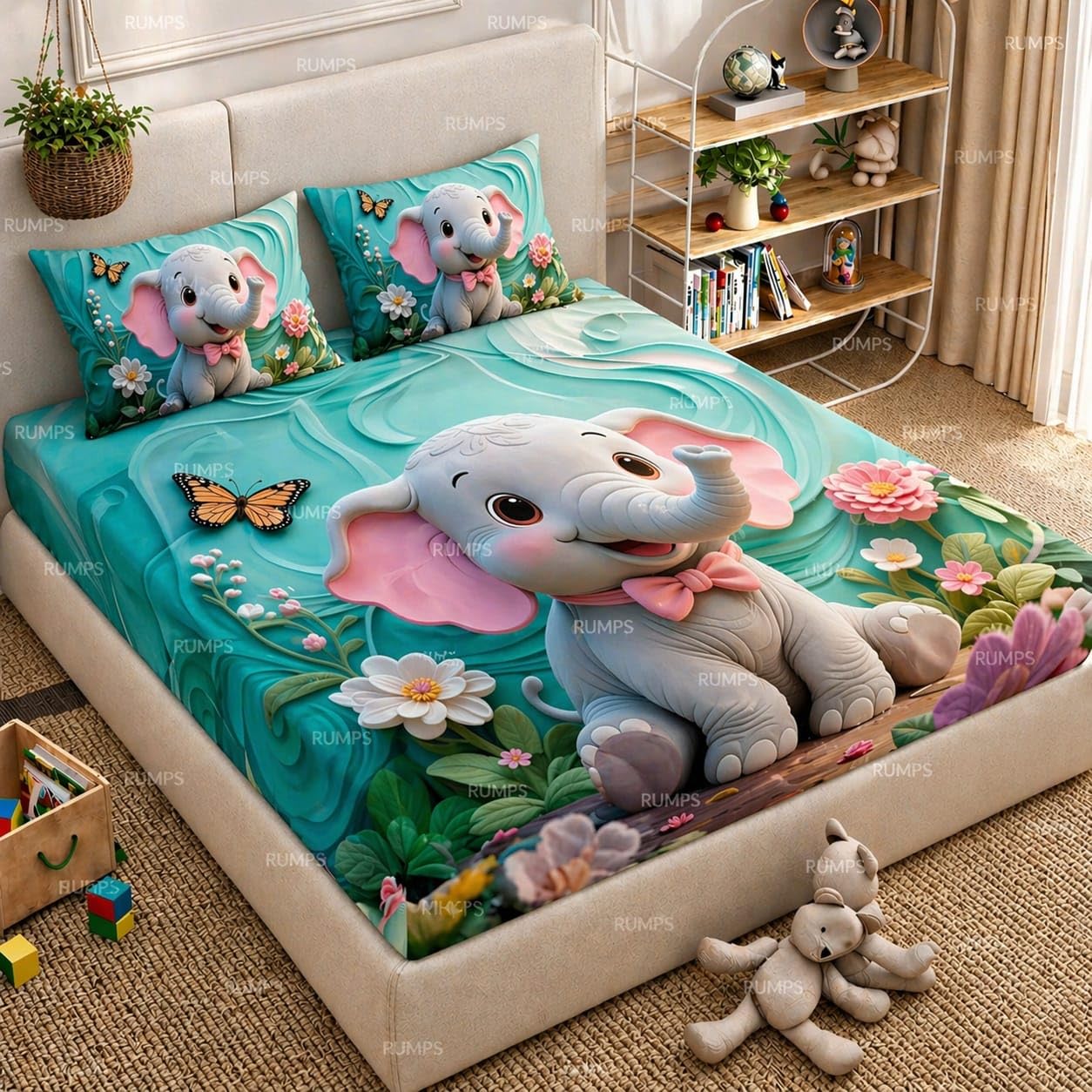 RUMPS 7D Cute Baby Elephant Kids Bedsheet with 2 Pillow Covers | King Size Flat Bedsheet 90x100 Inch | Soft Microfiber Floral Cartoon Elephant Print Bed Sheet