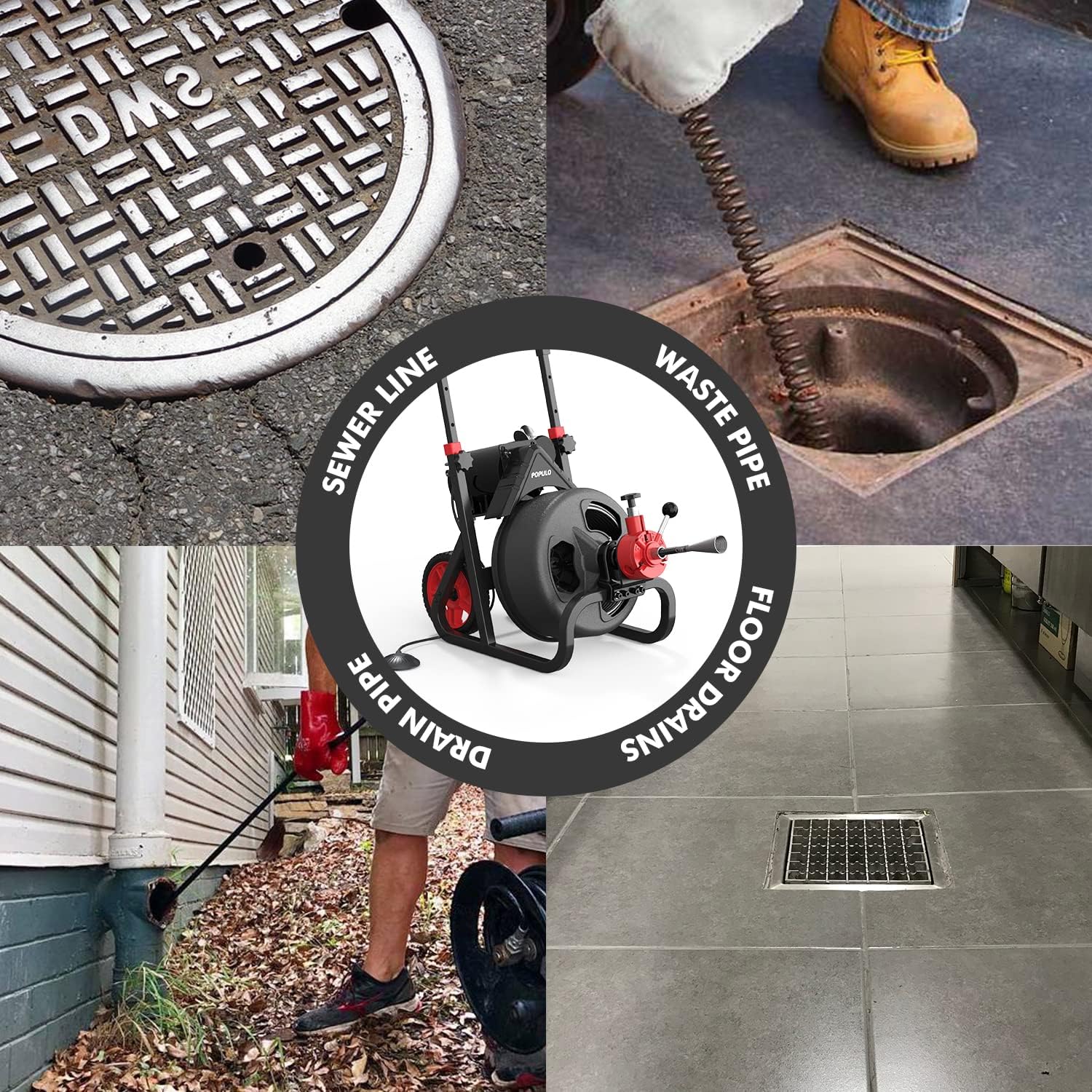 POPULO 75 ft x 1/2 inch Upgraded Electric Sewer Drain Snake Auger with 8 Cutters and 1 Root Killer, for 2-4 inch Pipes, Auto Feed Plumbing Drain Cleaner Machine, PEDC-75 Generation Two