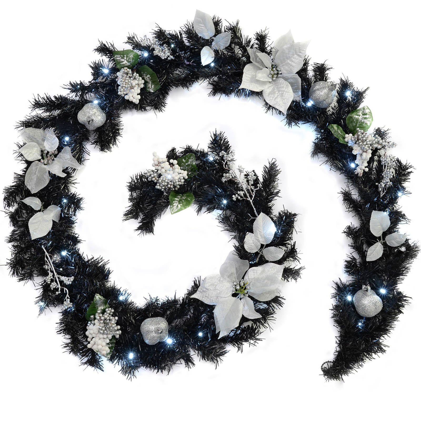 Werchristmas Black/Silver Pre-Lit, Pre-Decorated Garland, 40 Ice White Led Lights, & 9 Ft / 2.7 M
