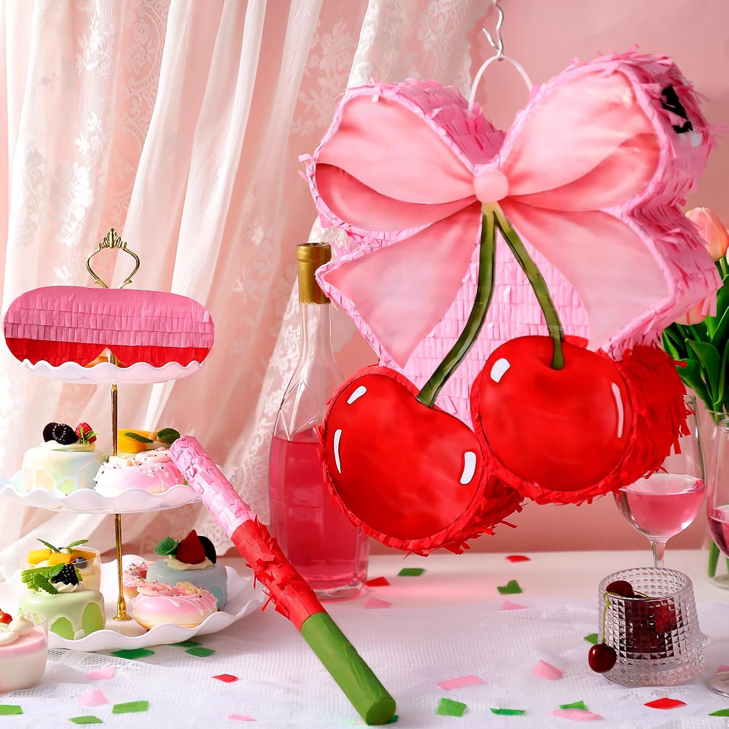 Feifeiya Coquette Pink Bow Cherry Piñata Pink Girls Party Piñata Bundle with a Blindfold, Bat and Confetti Birthday Coquette Party Supplies