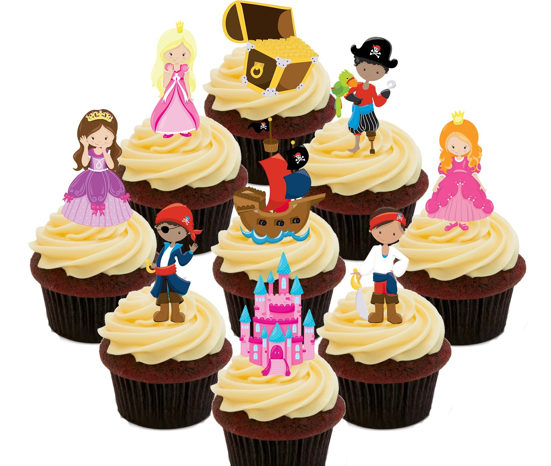 Made4You Pirates and Princesses Party Pack, Kids' Edible Cupcake Toppers - Stand-up Wafer Cake Decorations (Pack of 36)