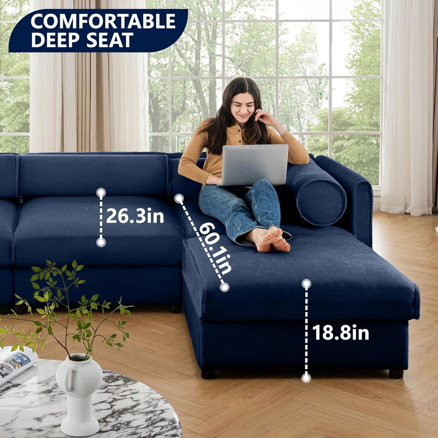 75.5'' Modular Sectional Sofa, Chenille Loveseat with 2 Seater Couches Chaise for Living Room, Blue