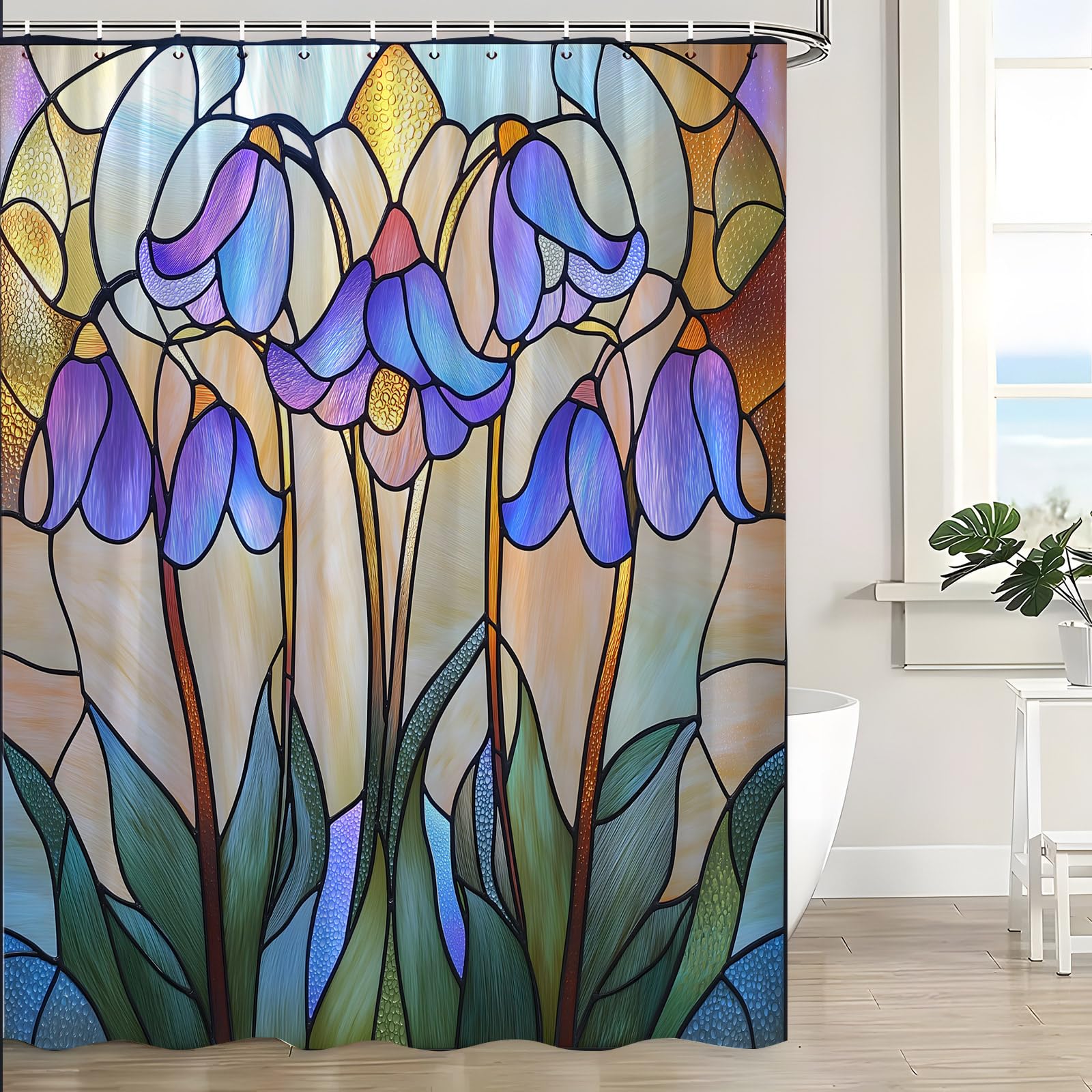 UPUMKSK Stained Glass Shower Curtain Abstract Purple Floral Green Leaves Plant Flower Modern Art Vintage Bath Decor Curtain with Hooks