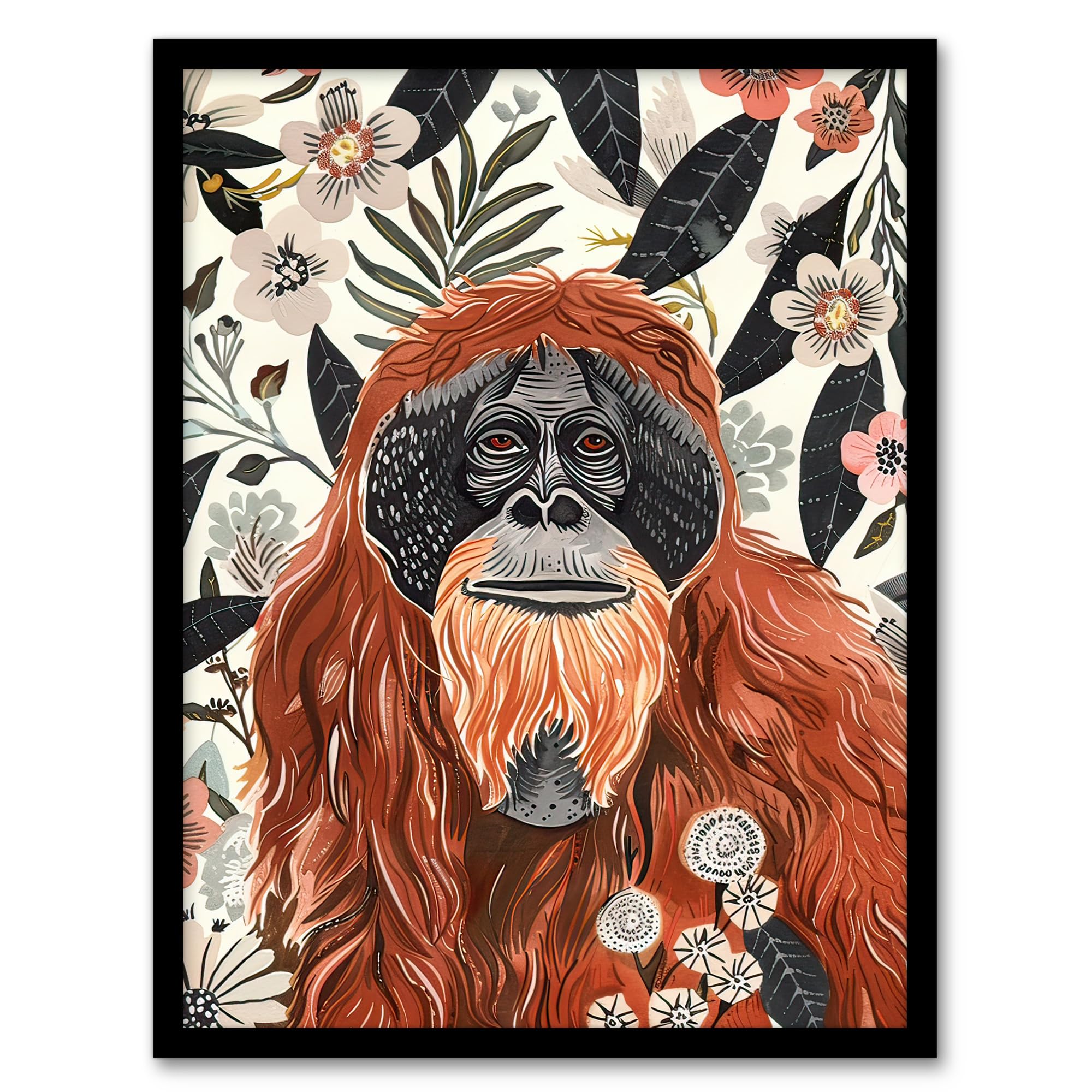 Artery8 Orangutan in Floral Jungle Bright Watercolour Living Room Artwork Framed Wall Art Print A4