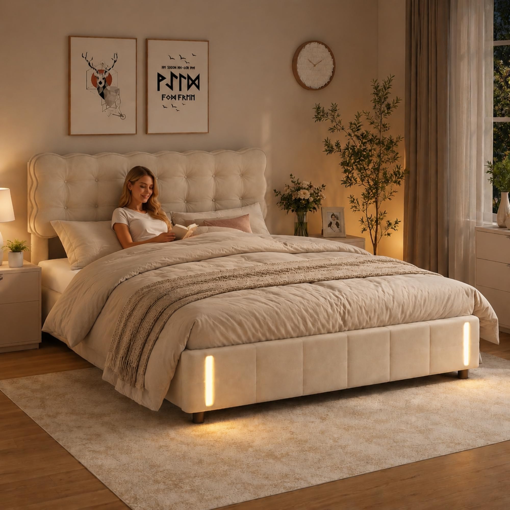 LONELYO Lit Coffre 160x200 avec LED RGB 7 Couleurs & Système Hydraulique – Velours Beige Clair Capitonné, Rangement Spacieux & Sommier à Lattes – Design Moderne