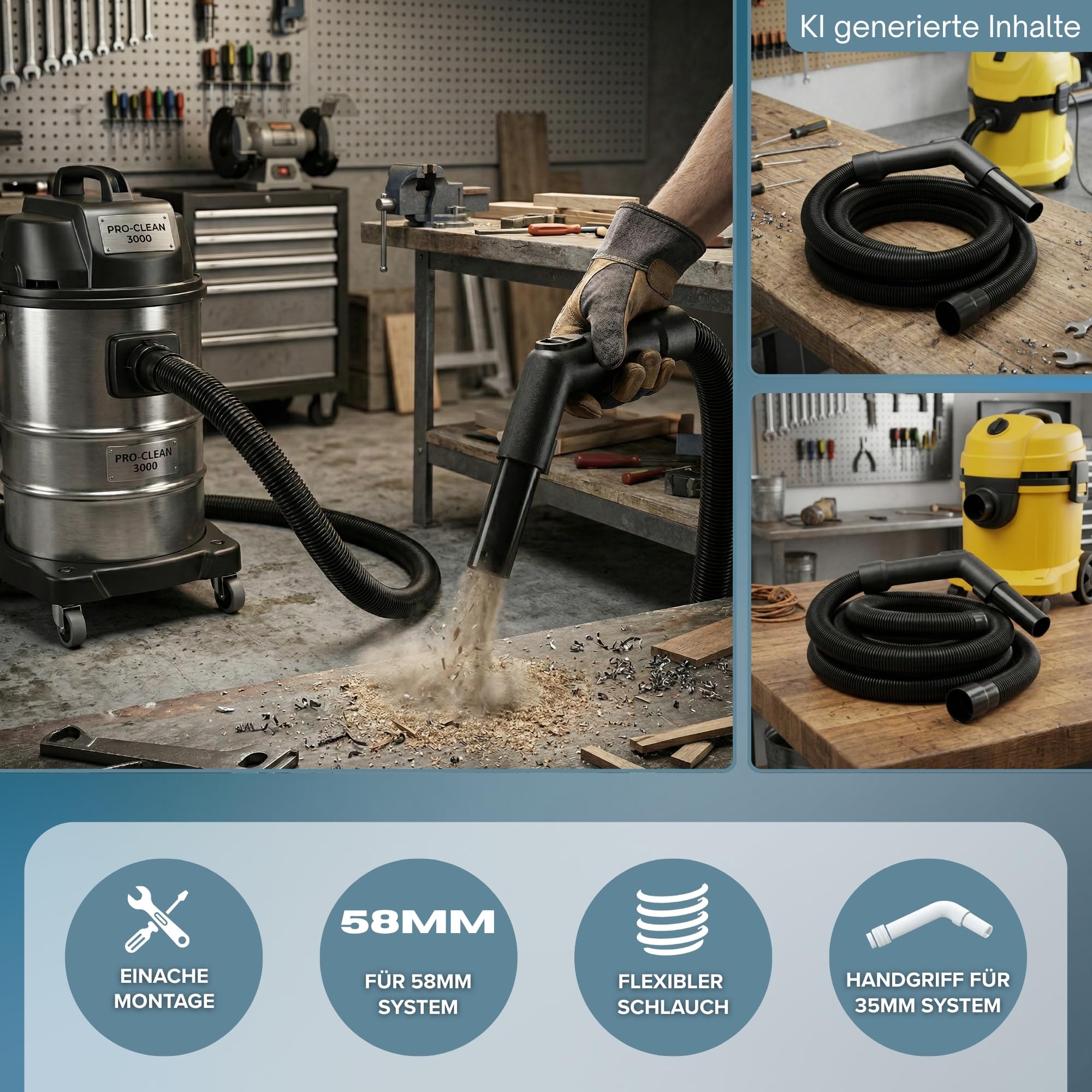 2,5m Staubsaugerschlauch mit 58 mm Anschluss und 35 mm Griff passend für Berner BWDVC 26, BWDVC 28L 58mm