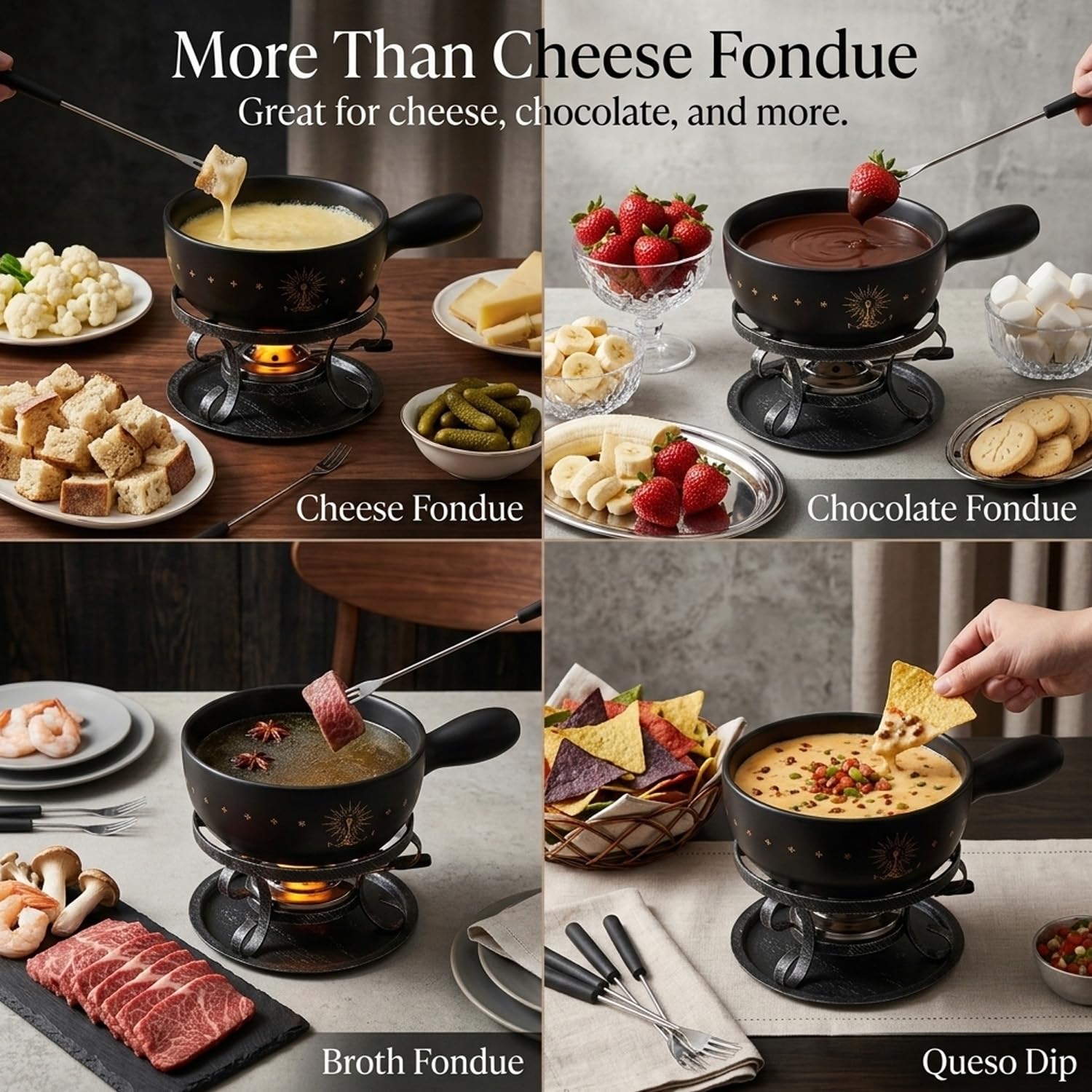 Artestia Ceramic Fondue Pot Set for Cheese & Chocolate, 2L Fondue Set for 6 People with Burner, Stand & Forks, Swiss Style Melting Pot for Party, Date Night & Gift - 5