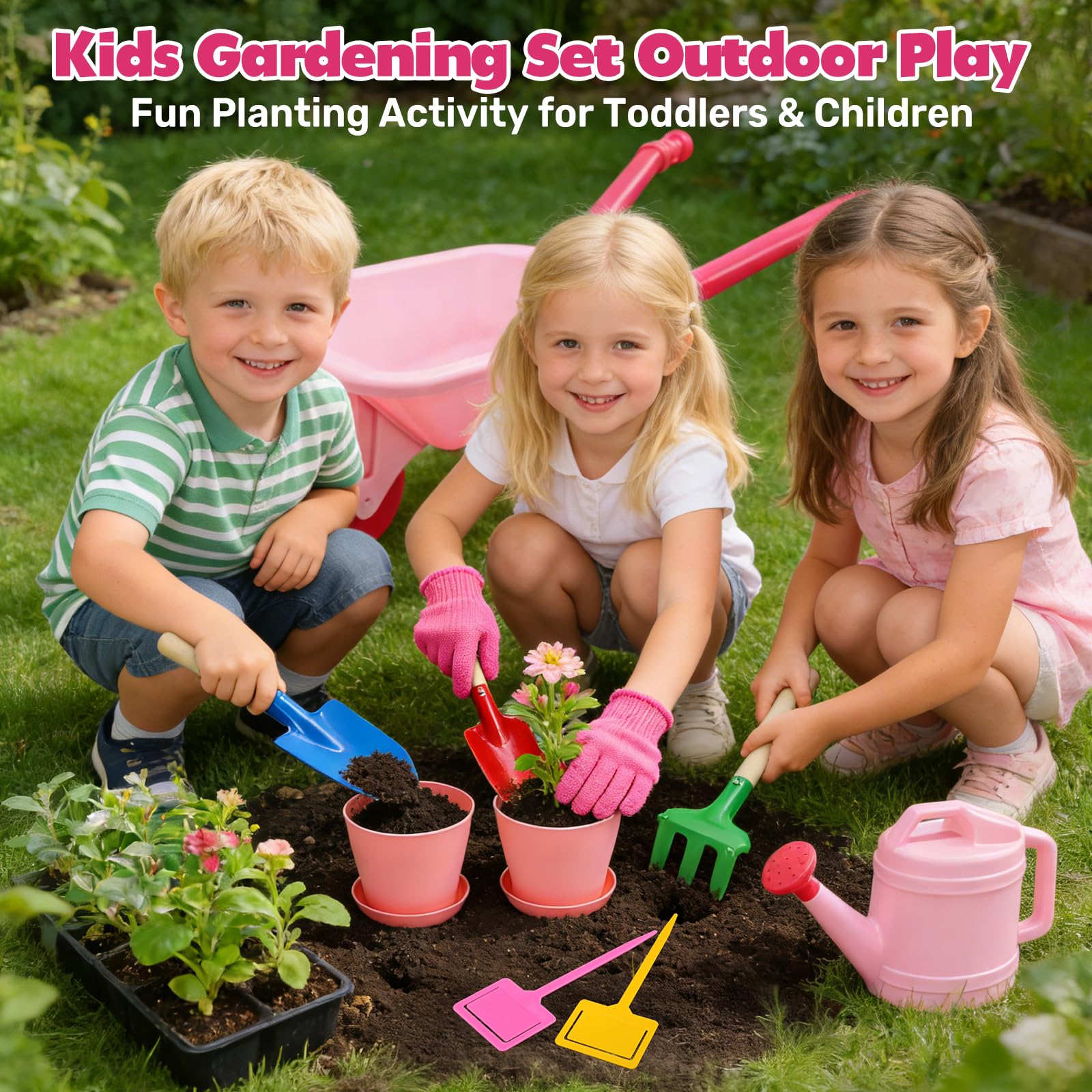 CUTE STONE Set di attrezzi da giardino per bambini, carriola rosa, giocattolo da giardino, con annaffiatoio, guanti, rastrello, pala, cazzuola, set da gioco per bambini dai 3 anni in su (rosa)
