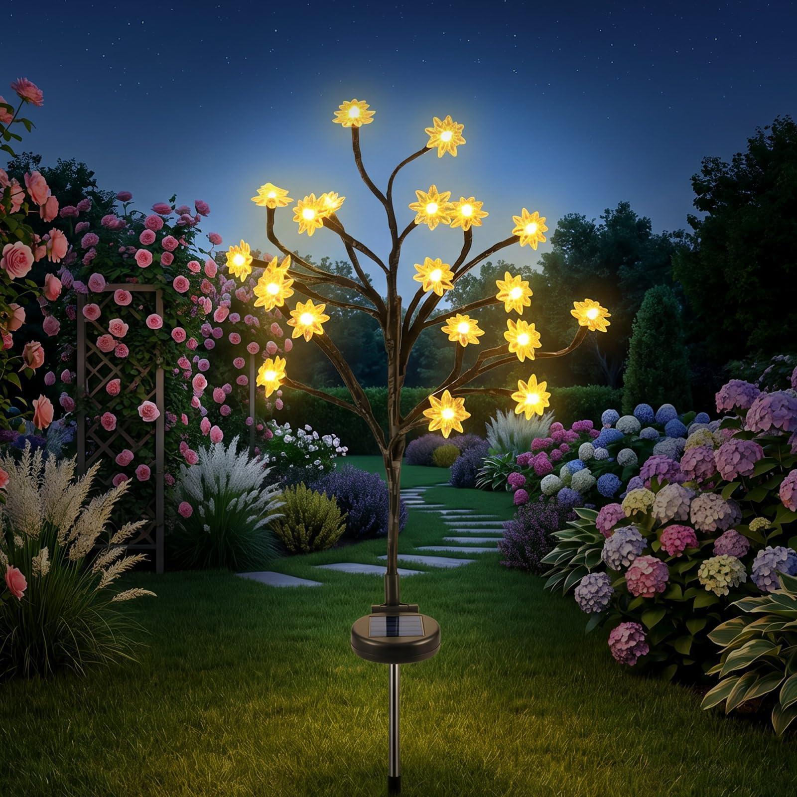 CECOMBINE Solar Lights Outdoor Garden Waterproof-Upgraded 20 LED Outdoor Lotus Blossom Lamp-IP65 Waterproof Outdoor Solar Swaying Flowers Lights for Lawn Yard Terrace Lllumination Garden Ornaments