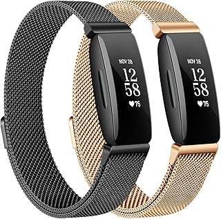 2-Pack Metal Bands Compatible with Fitbit Inspire 2/Inspire HR/Inspire/Ace 2, Stainless Steel Mesh Loop Replacement Wristband for Fitbit Inspire Fitness Tracker Women Men (Small, Black+Rose Gold)