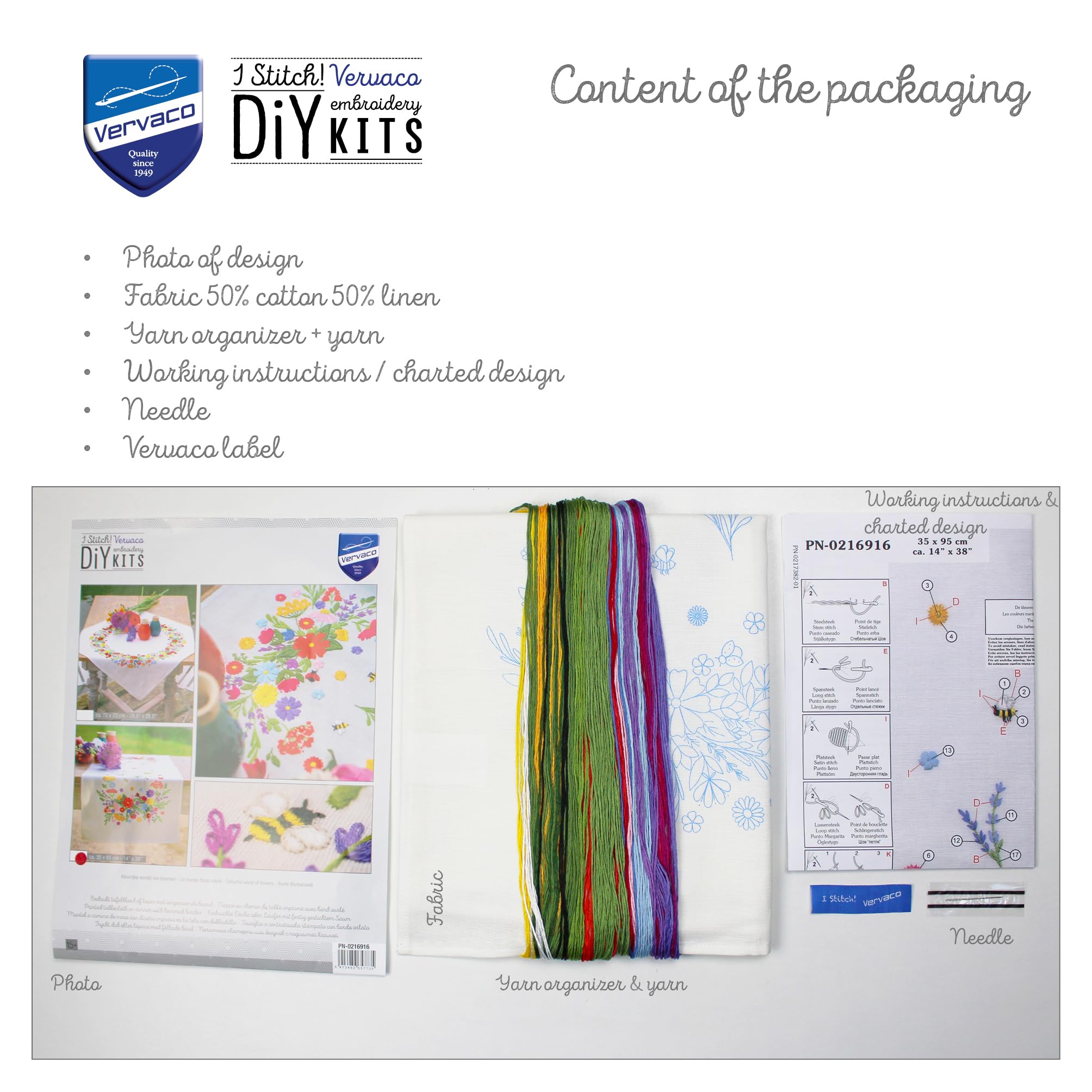 VERVACO Kit Centrotavola Ricamo Prestampato MONDO FLOREALE Set Ricamo Biancheria Da Tavola ca. 35 x 95 cm Set Fai Da Te Creativo Size Kit Hobby Creativi Adulti Casa Decor Embroidery Embroidery Runner