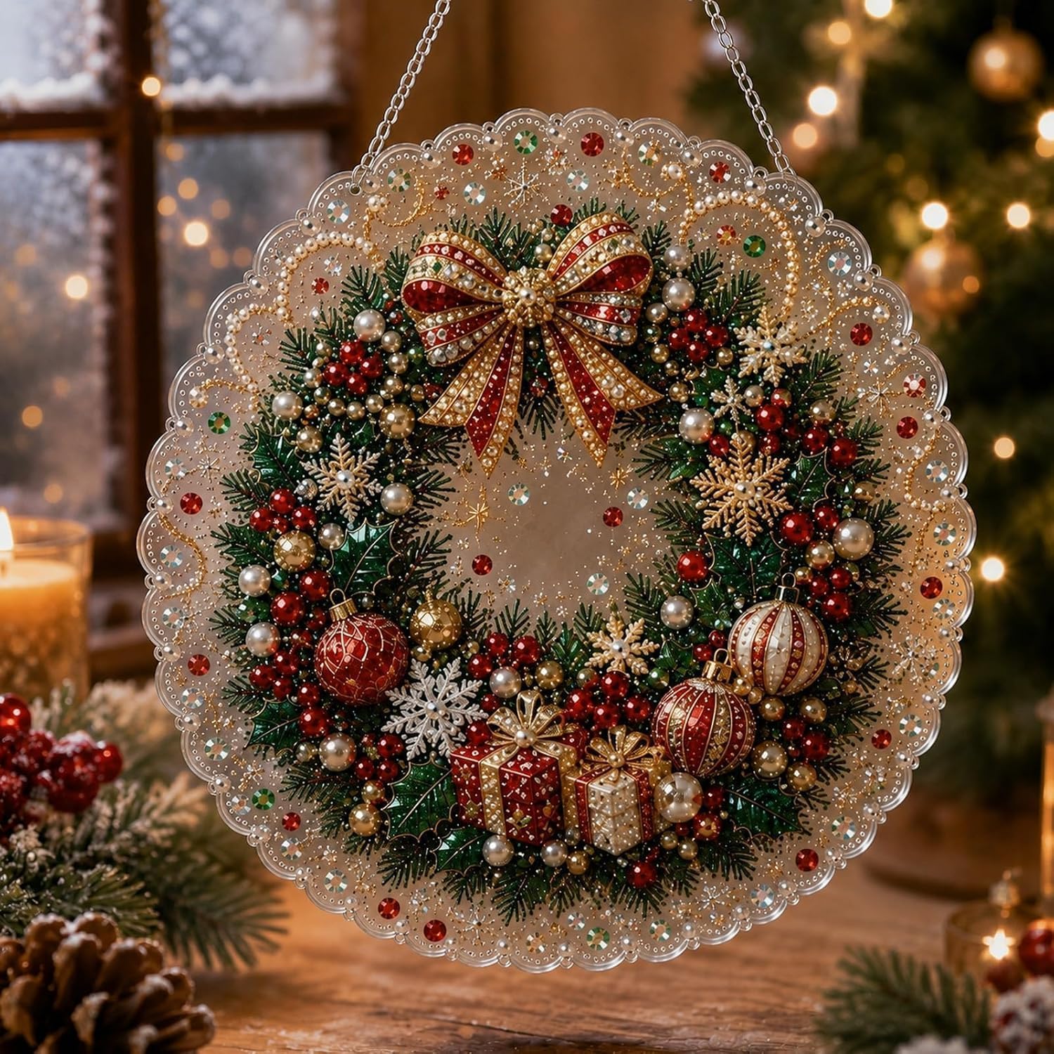 Christmas Diamond Art Kits for Adults, Suncatcher DIY Craft 3D Pearl Diamond Painting Art Kit, Pre-Assembled Metal Chain Sparkling Gem Festive Window Wall Decor