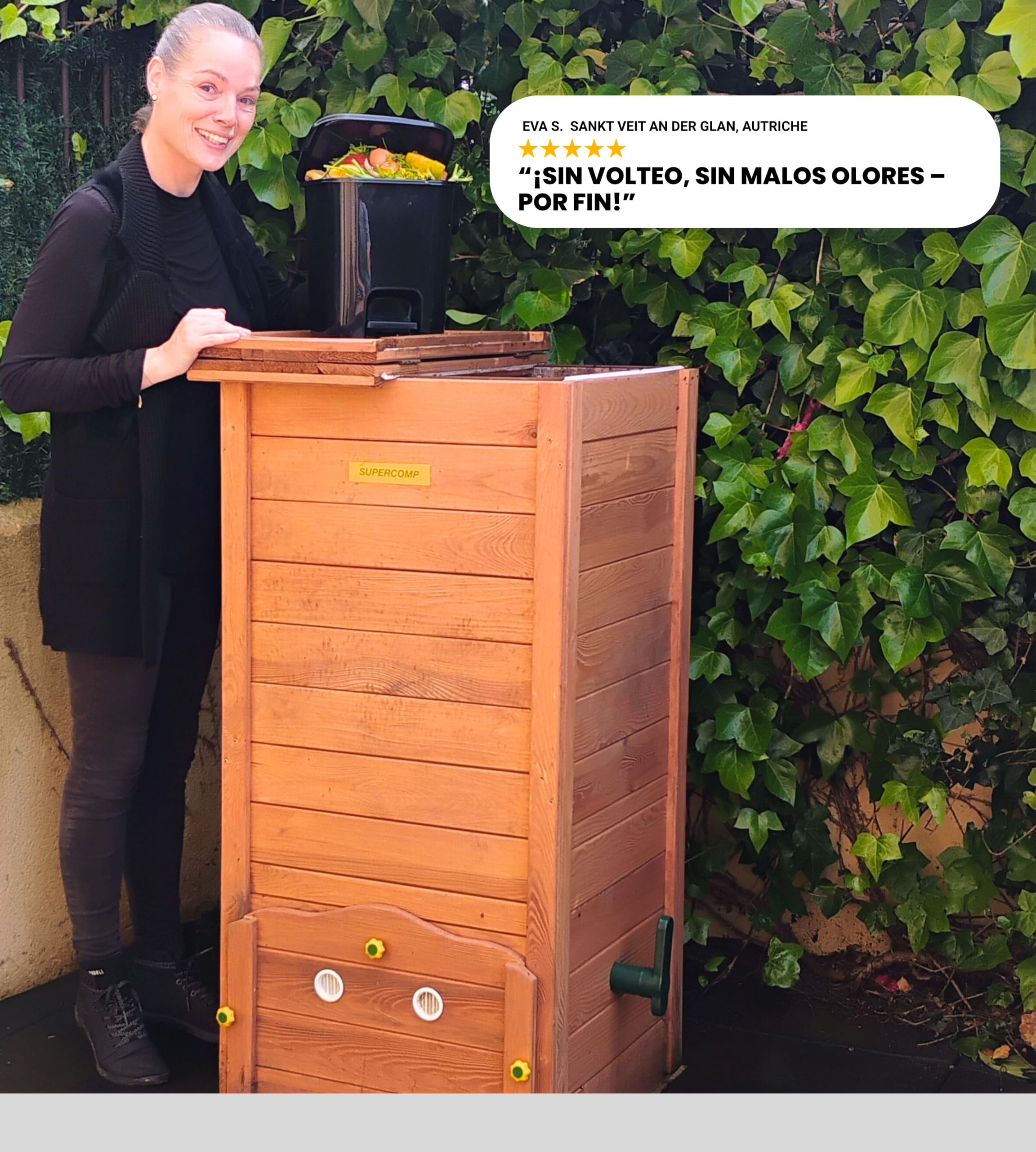 SUPERCOMP Compostador de Madera 340 L para Jardín con Protección Antiplagas y Antirroedores, Compostaje sin Olores ni Volteo, Aireación Vertical, Tapa y Base Incluidas | Compostador rápido de madera con tapa y base, protección contra plagas, juntas y reji
