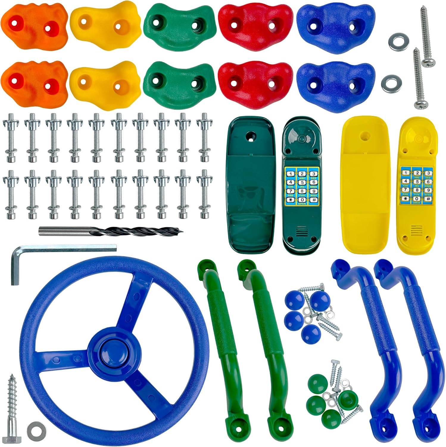 KINSPORY 17 Pack Playground Parts & Accessories for Kids - 10pc Colourful Rock Climbing Holds, 4pc Climbing Handles & Grips, 2pc Play Phones and Steering Wheel for Children Wooden Playset