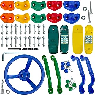 KINSPORY 17 Pack Playground Parts & Accessories for Kids - 10pc Colourful Rock Climbing Holds, 4pc Climbing Handles & Grips, 2pc Play Phones and Steering Wheel for Children Wooden Playset