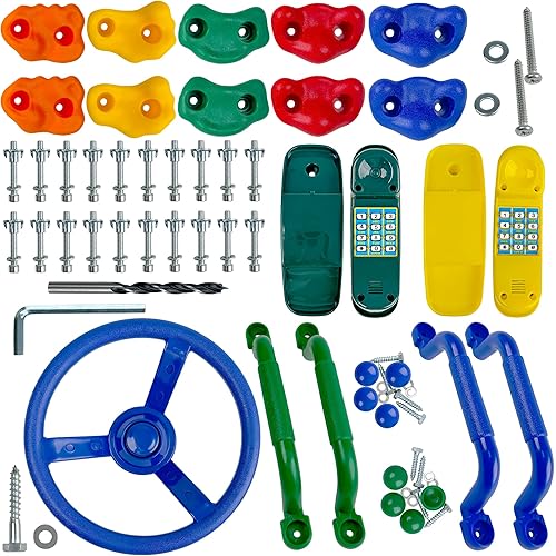 KINSPORY 17 Pack Playground Parts & Accessories for Kids - 10pc Colourful Rock Climbing Holds, 4pc Climbing Handles & Grips, 2pc Play Phones and Steering Wheel for Children Wooden Playset