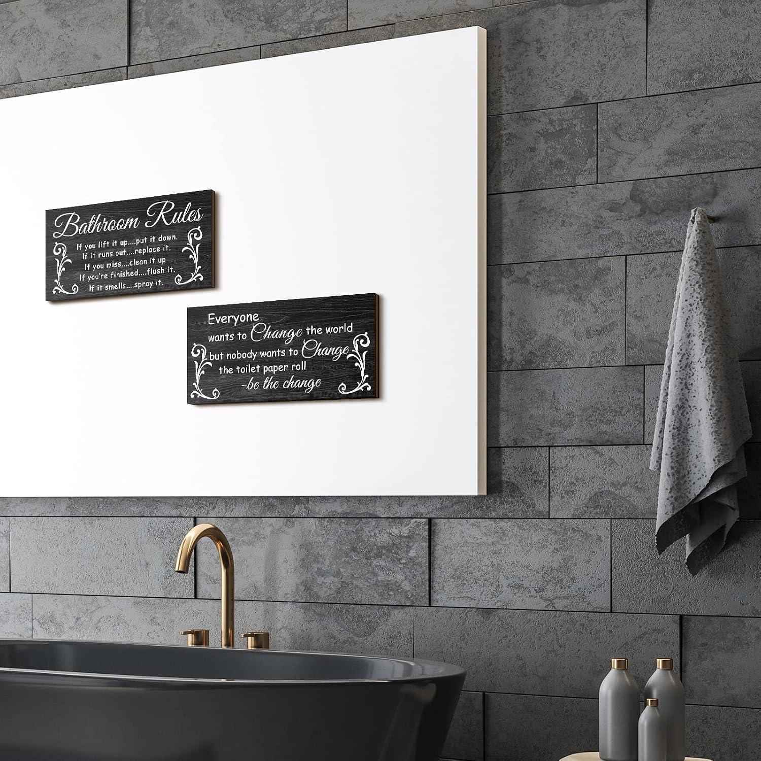Jetec 2 Pieces Bathroom Wall Decor Bathroom Rules Flower Wall Art Funny Ocean Beach Bathroom Signs Rustic Bathroom Wooden Signs Farmhouse Toilet Wall Decor (Dark Style)