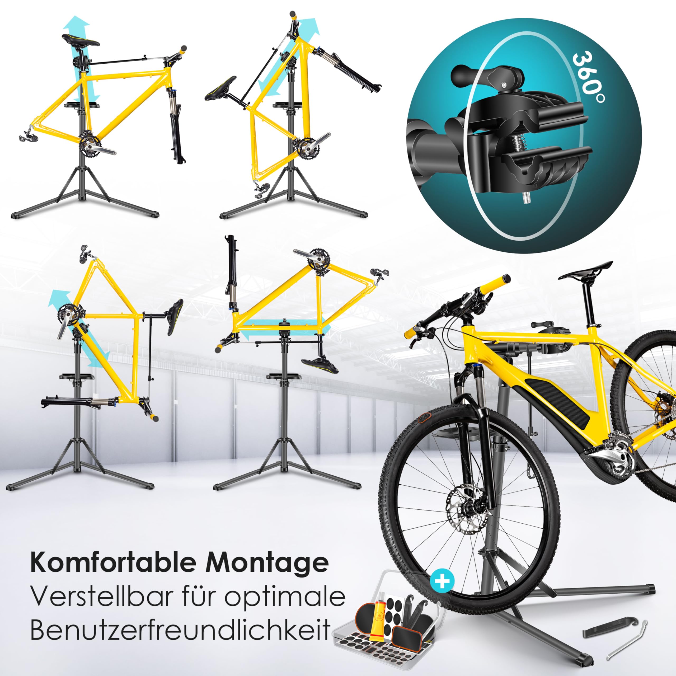 KESSER® Fahrradmontageständer Profi Alu Reparaturständer für Fahrräder Mountainbikes E-Bikes Schwerlast-Montageständer Fahrradständer 360° drehbar + Tasche, Flickzeug Set & magnetische Werkzeugablage