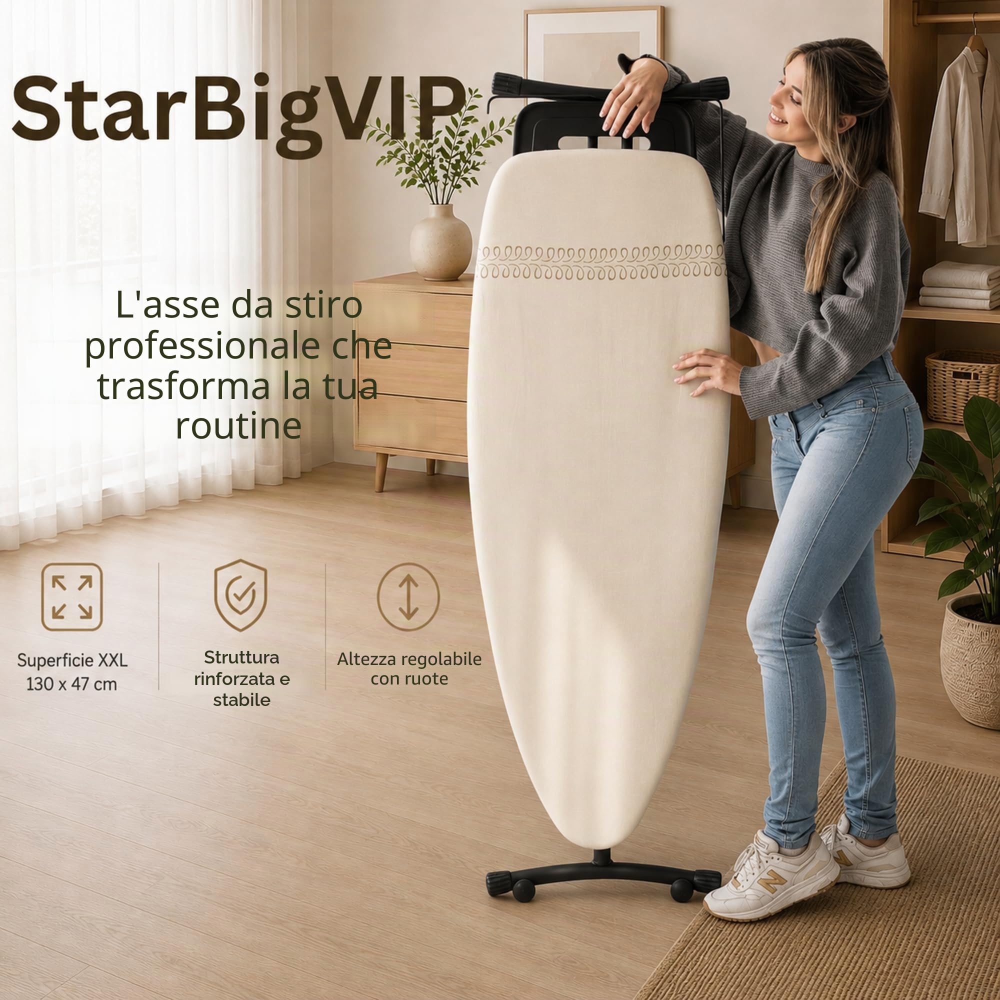 Asse da stiro professionale XXL StarBigVIP 130 x 47 cm – Uso intensivo, struttura rinforzata e stabile – Per ferro con caldaia