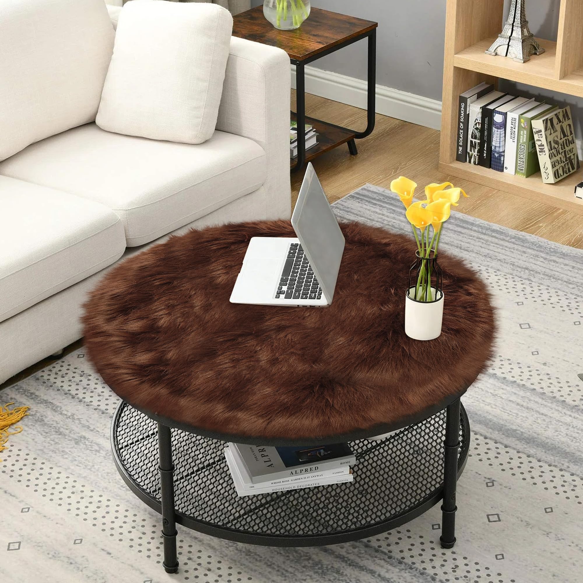 TENNOLA Kleiner runder brauner Teppich, dicker, flauschiger Teppich für Teenager, Schaffell, zotteliger runder Teppich für Innenbereich, Schlafzimmer, Wohnzimmer, Kinderzimmer, Dekoration, Stuhl