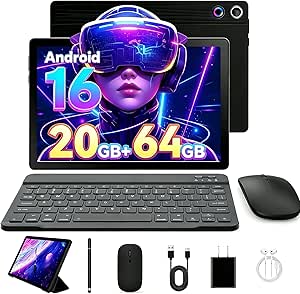 Latest 2026 Upgraded Android 16 Tablet 10.1 Inch with IPS HD Touch Screen, Dual Camera, 64GB Storage 1TB Expansion, 8 in 1 Tablets Kit with Keyboard, Protective Case, Mouse, Stylus, BT 5.4, WiFi 6