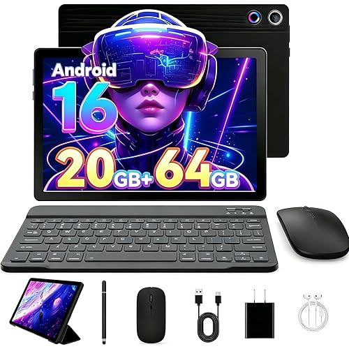 Latest 2026 Upgraded Android 16 Tablet 10.1 Inch with IPS HD Touch Screen, Dual Camera, 64GB Storage 1TB Expansion, 8 in 1 Tablets Kit with Keyboard, Protective Case, Mouse, Stylus, BT 5.4, WiFi 6