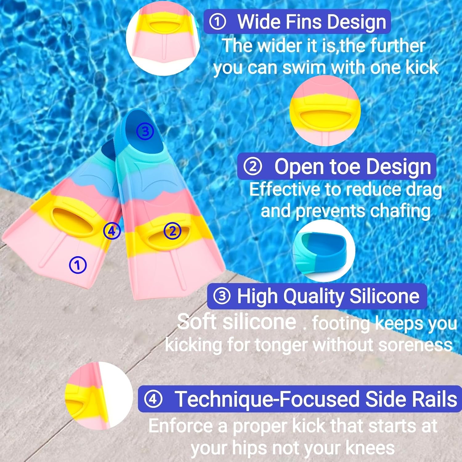 Fadgesy Swimming Training Fins,Comfortable Silicone Flippers for Swimming and Diving,Size Suitable Kids Girls Boys Adult