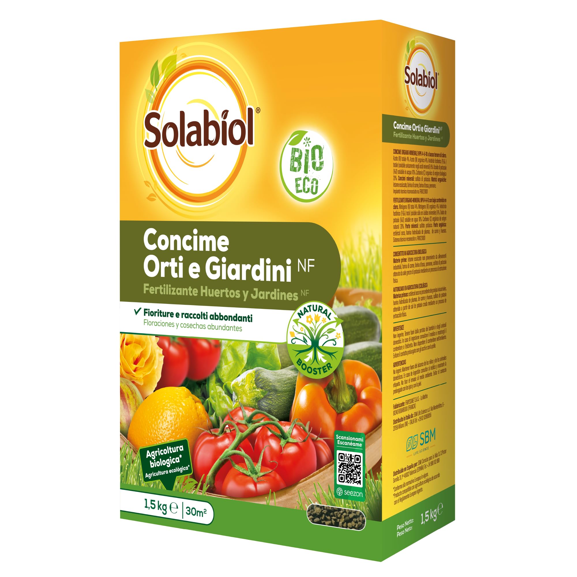 Solabiol Concime Biologico per Orto Domestico con Tecnologia Natural Booster per favorire lo sviluppo dell’apparato radicale e avere fino al 50% di raccolto in più e 100% di fioriture in più. 1,5Kg