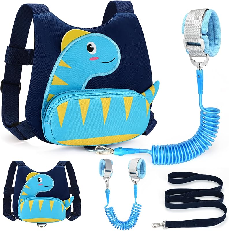 Toddler Harness with Leash, Cute Dinosaur Kids Leashes + Anti Lost Wrist Link, Children Walking Harnesses Tether Restraint Belt, Keep Child Close Hand Strap for Baby Boys Girls Outdoor Travel