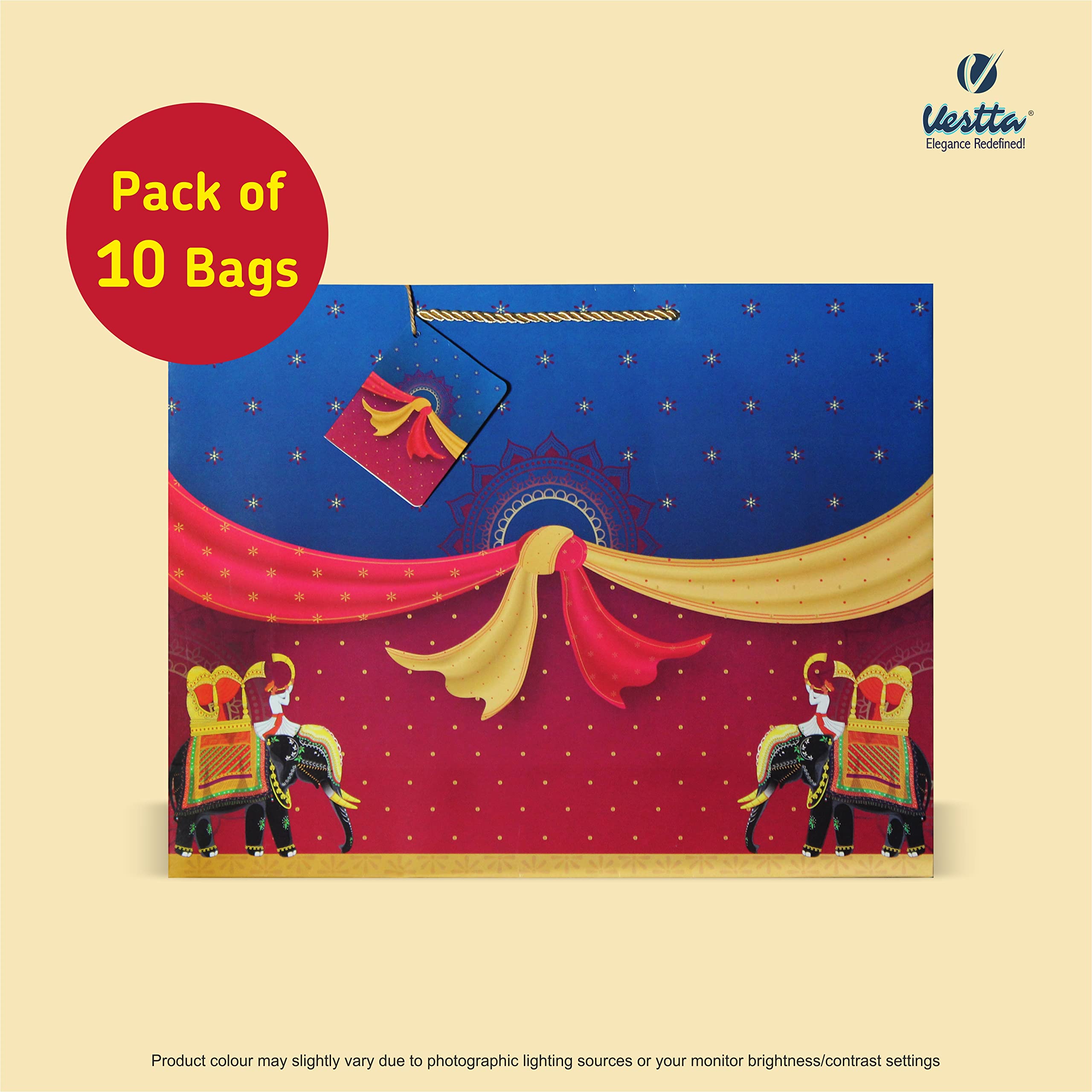 VESTTA -ELEGANCE REDEFINED Gift Paper Bag,Extra Large,17 (L) X 5 (B) X 13 (H) Inch,Bandhan,Dulha Dulhan,Barat Print For Weddings,Engagements,Bridal Showers,Anniversaries - Blue,Red,10 Count