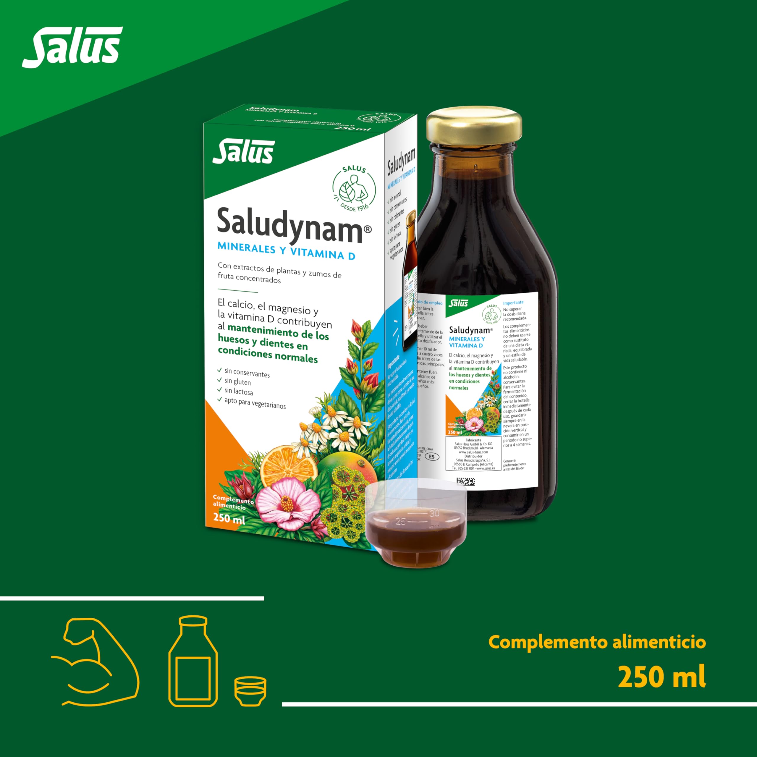 Salus - Saludynam Complemento Alimenticio - 250 ml - Contribuye al Mantenimiento de Huesos y Dientes - Contiene Calcio, Magnesio, Zinc, Vitamina D, Extractos Herbales y Zumos de Frutas (Paquete de 4)