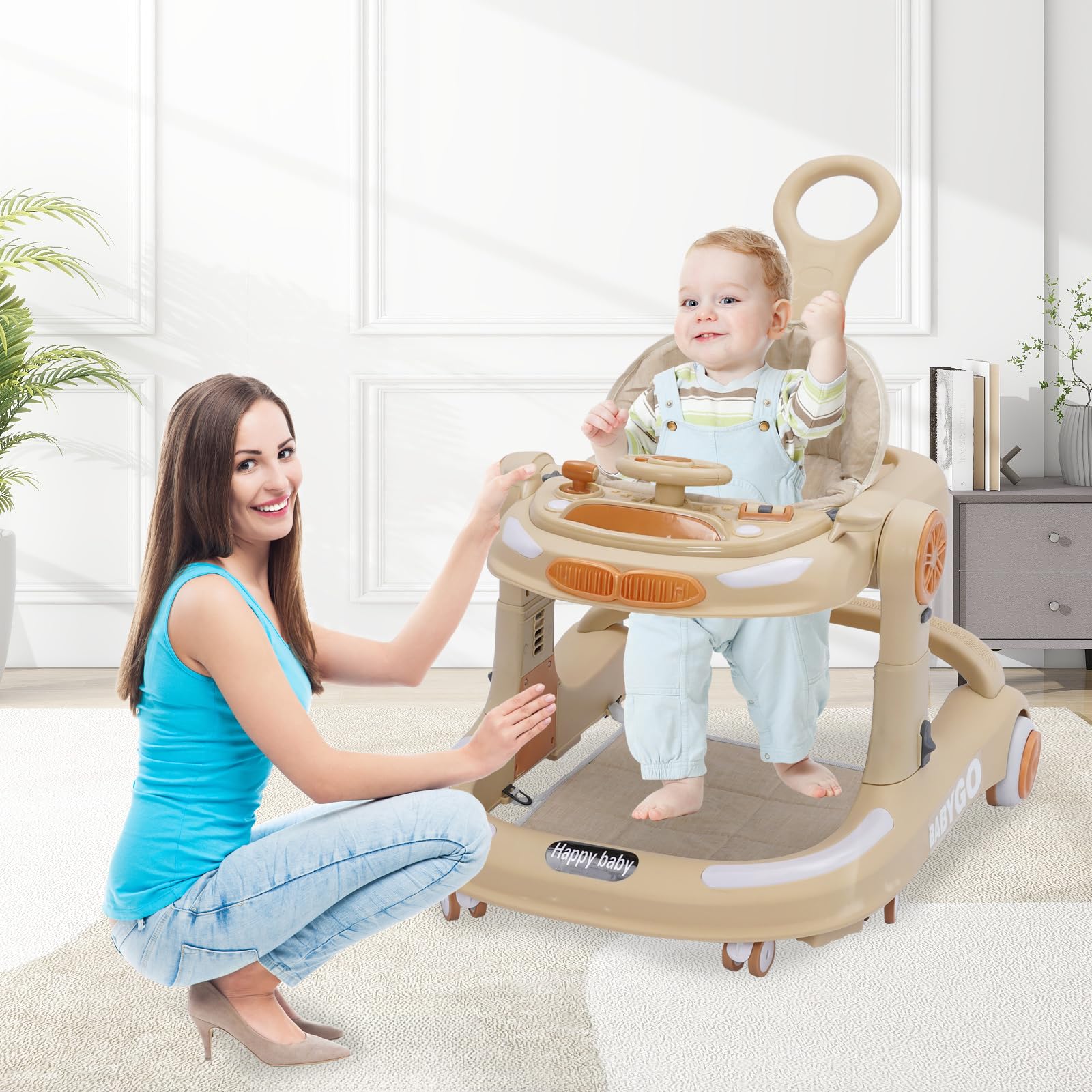 Girello Bambini 4 in 1, Girello Pieghevole con Altezza Regolabili, Baby Walker con Vassoio Musicale, Tappetino e Freno, Design Anti-Ccollisione, Primi Passi per Bambini 6-18 Mesi
