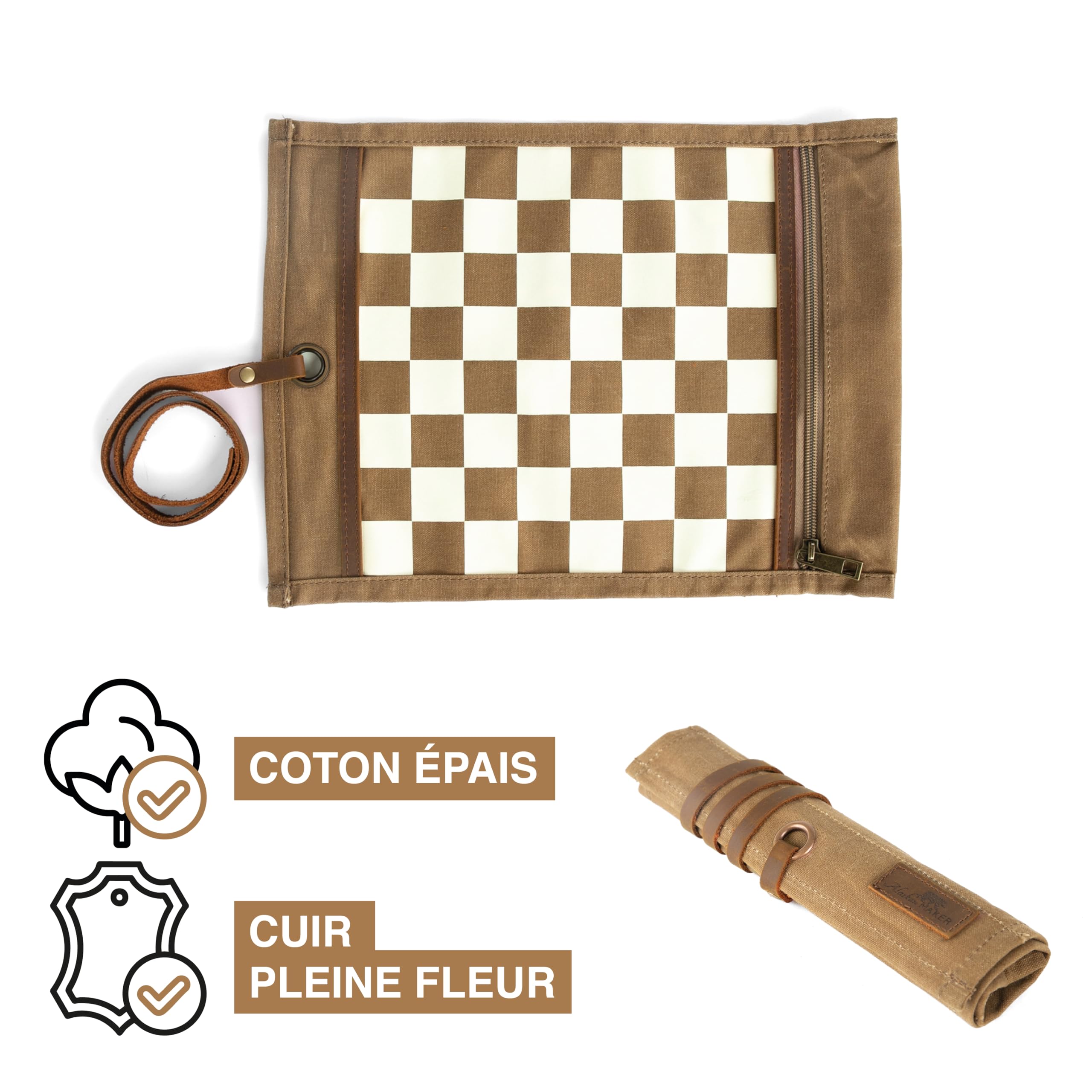 Alaskan MAKER - Juego de ajedrez y señoras 2 en 1 - Alfombra de lona enrollable enrollable - Peones de madera - Correa de piel completa flor - Ideal para viajar y jugar en cualquier lugar (habana)