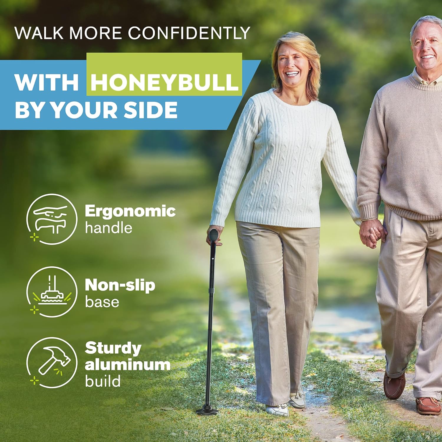 HONEYBULL Walking Cane for Men & Women - Free Standing Cane, Foldable, Pivot Tip, Heavy Duty, with Travel Bag | Walking Sticks, Canes for Seniors & Adults [Black] : Health & Household