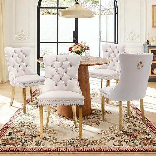 Miniatura 44 de Juego de 6 sillas de comedor de cuero, sillas laterales con respaldo alto, silla lateral tapizada moderna con anillo trasero de botón, patas de negro