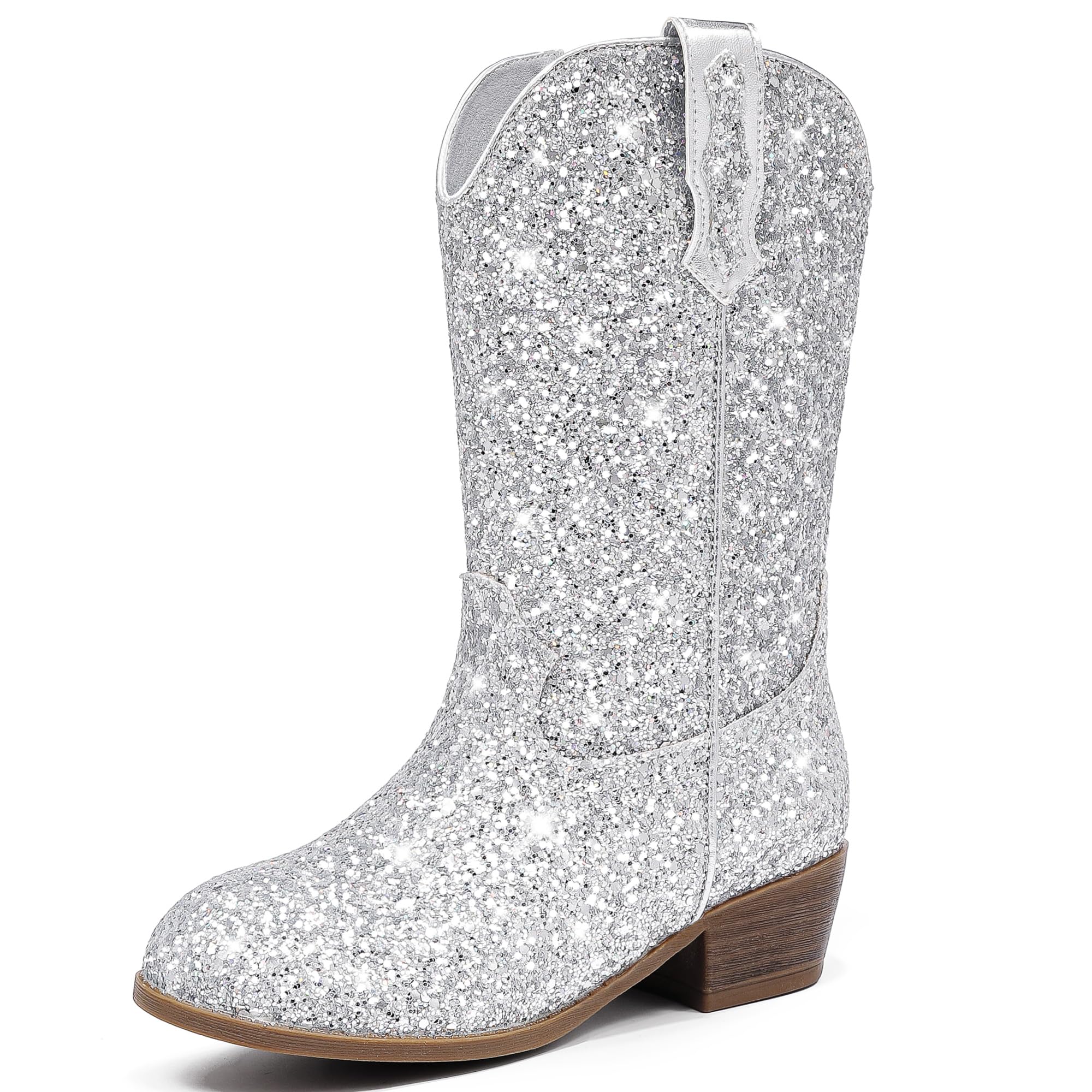 Photo 1 of Motasha Cowboy Boots For Girls Sparkly Girls Cowgirl Boots Toddler Glitter Silver Dress Horse Riding Girl Boot Big Kids Western Size 1 8 Year Old Party Birthday(M7122 Sequins Silver 1)
