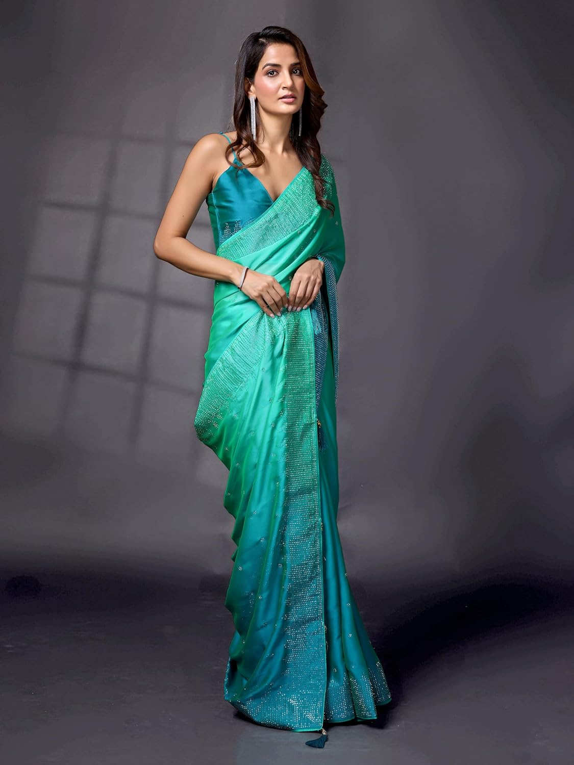 TRENDMALLS Women's Rangoli Silk Heavy Siroski Double Shade Saree with Unstitch Blouse Piece (K992-Skyblue)
