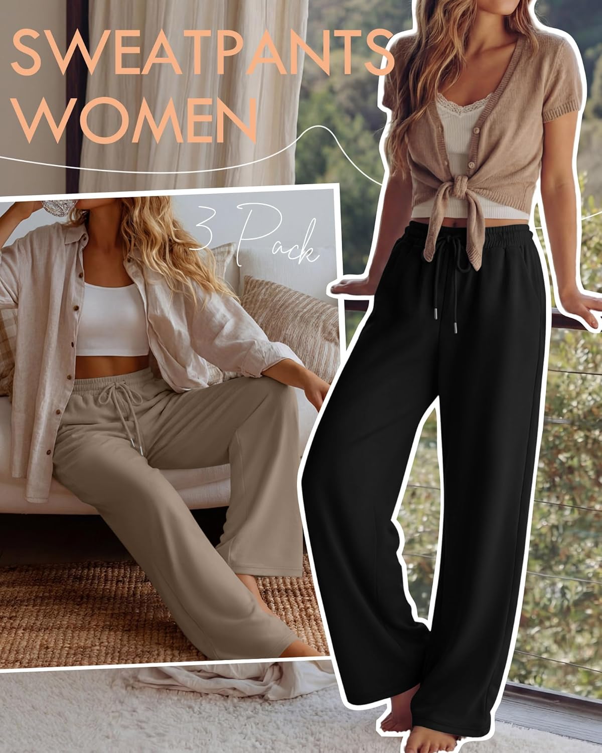 Neer 3 Pack Women's Wide Leg Sweatpants Yoga Baggy Lounge Pants Travel Cozy Drawstring Loose Y2K Jogger with Pockets