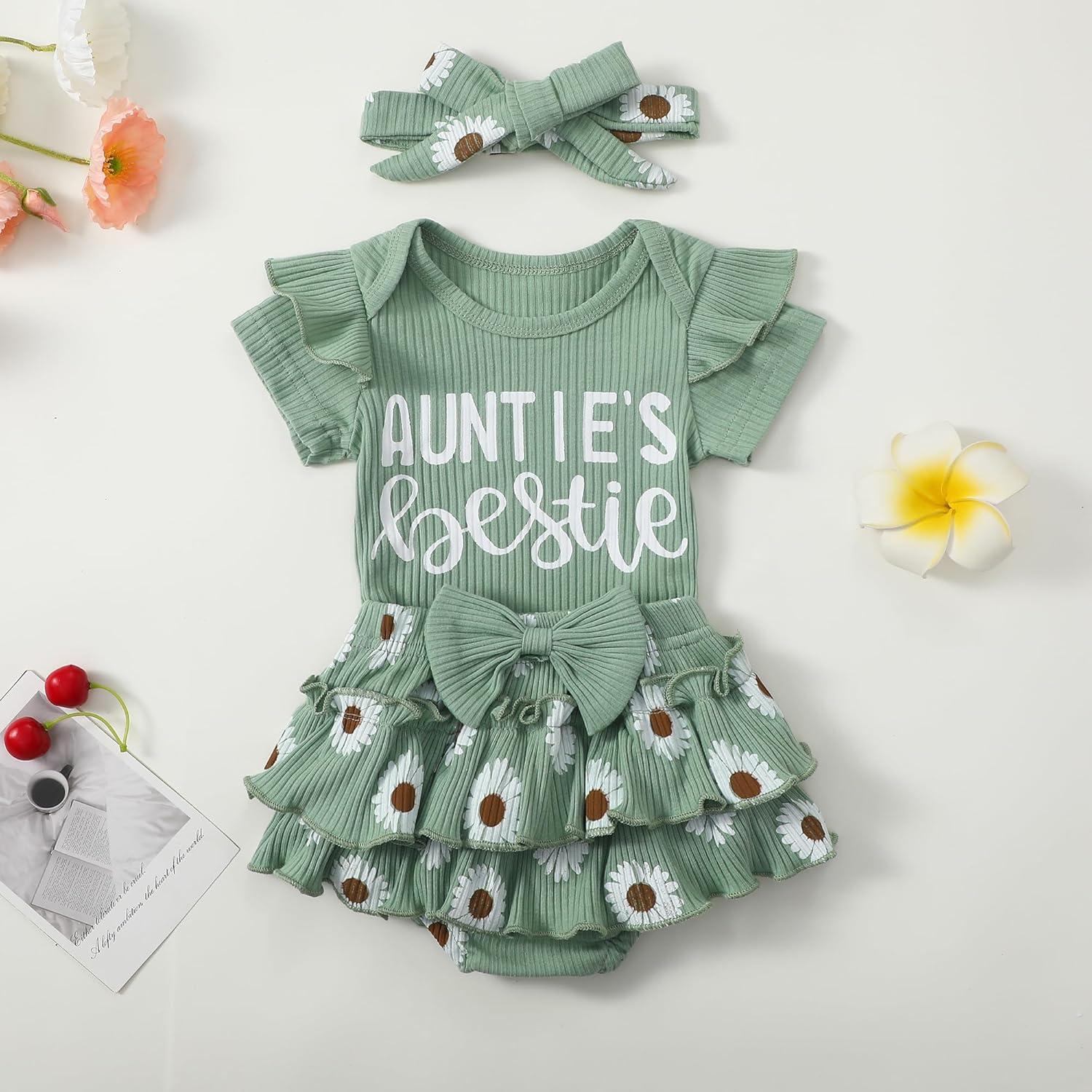 Aunties Bestie Baby Girl Clothes Aunt Saying Letter Romper Tiered Ruffle Daisy Skirt Skort Newborn Coming Home Outfit - Image 3