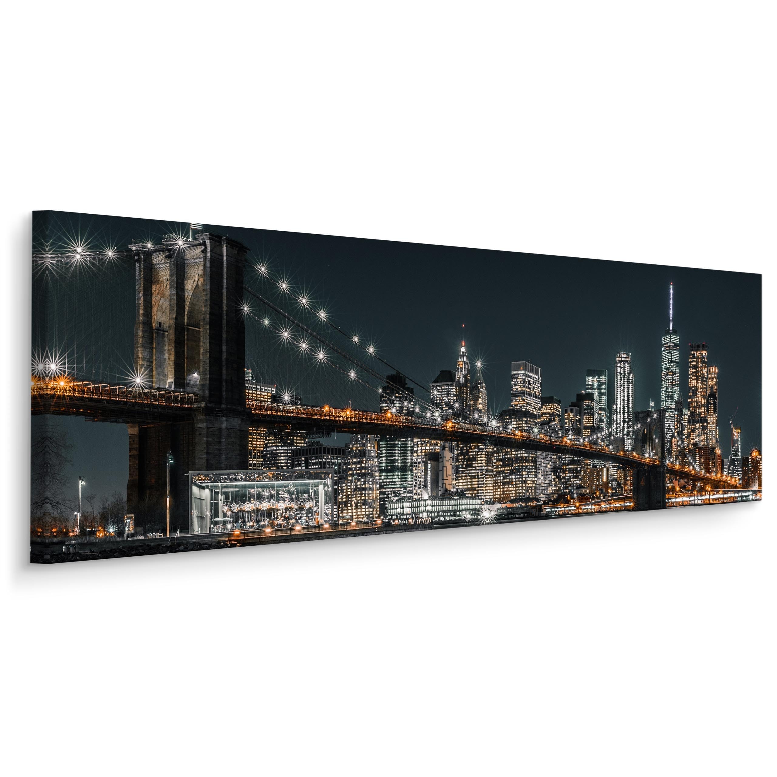Muralo - Panoramic Picture Canvas Picture Ready to Hang - Picture for Living Room, Bedroom, Office, Restaurant - Wall Picture Wall Decoration Modern - New York at Night Motif - Width 145 cm x Height