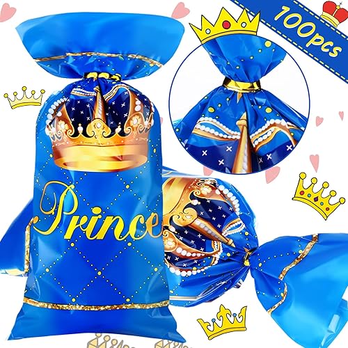 Miniatura 4 de Geyee 100 bolsas de regalo de plástico para fiesta de príncipe real, bolsas de dulces azules con lazos, bolsas de golosinas con 150 lazos dorados