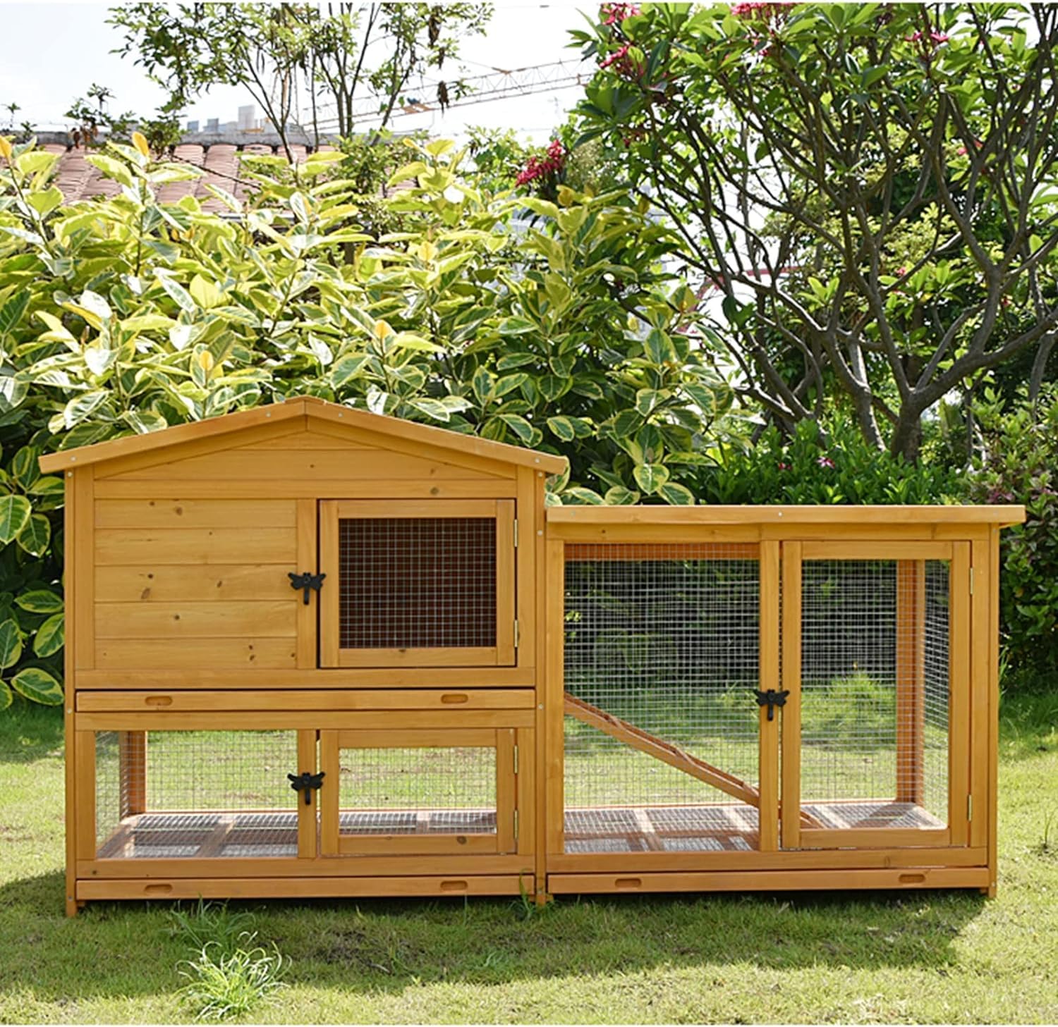 Kattenhuis van twee verdiepingen, huisdiervilla met uittrekbaar dienblad, binnen- en buitenkooi voor hond/kat/konijn/kip, dierenhok