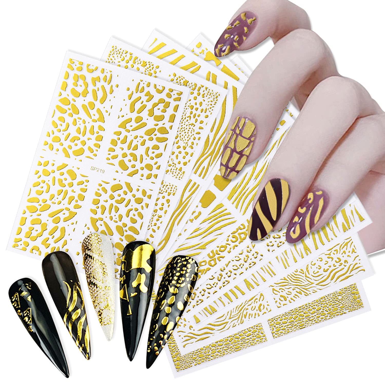HAOYAN Gold Snakeskin Nail Sticker for Art Laser Snake Prints Hollow Mesh Decals Holographic 3D Designer Stickers Women Kids Manicure Acrylic Nails Decoration Accessories (8 Sheets )