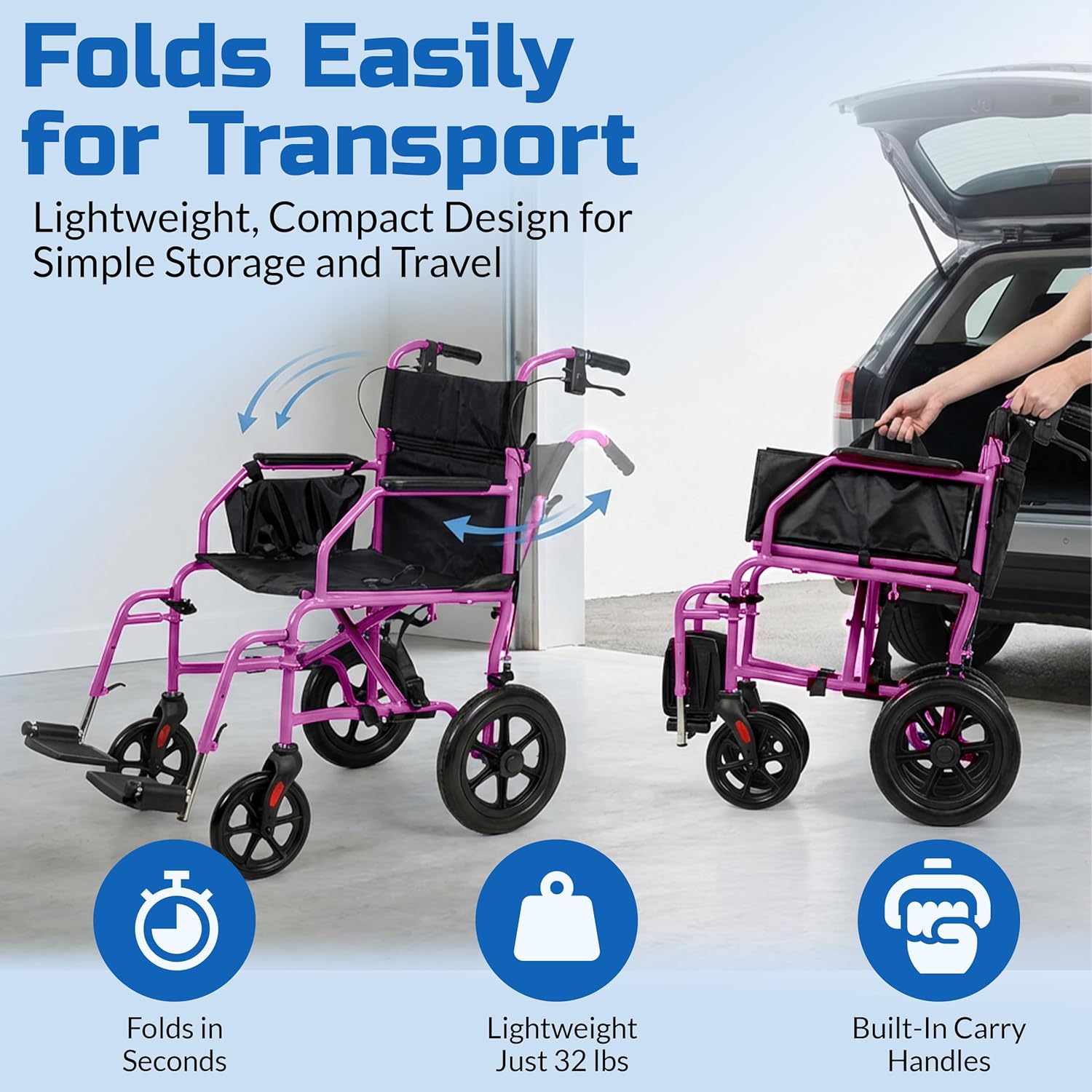 Platinum Health Hummingbird™ Ultra-Lightweight Foldable Transport Wheelchair, Handbrakes,12-Inch Rear Wheels, Extra-Wide Seat. Convenient Table-Length Padded Armrests. (Sunrise Pink)