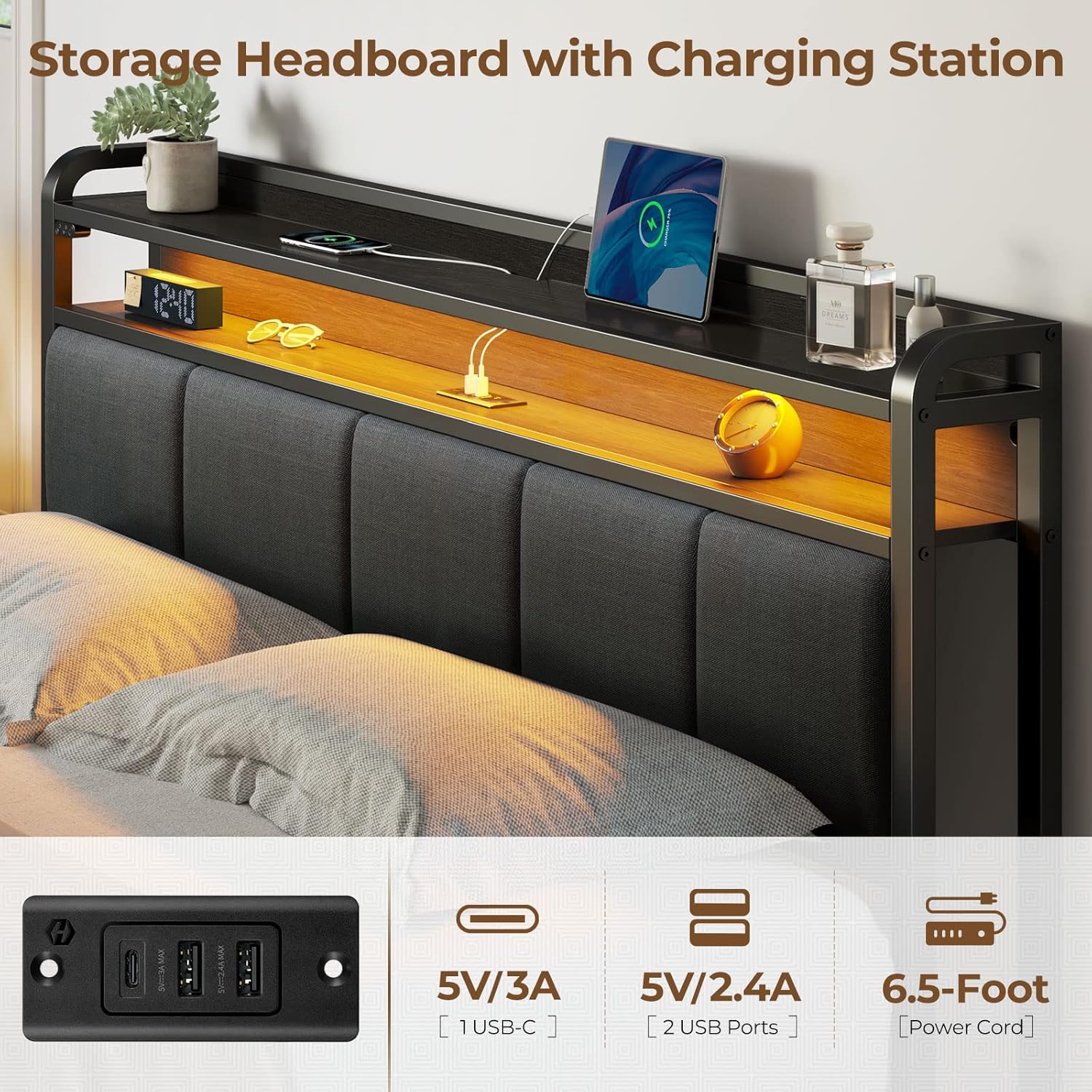 Rolanstar Queen Bed Frame with LED Lights, Upholstered Headboard, Charging Station, Storage Shelves, Heavy Duty Metal Slats, No Box Spring Needed, Noise Free, Easy Assembly, Dark Grey - Image 4
