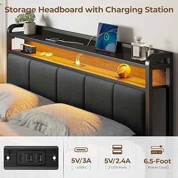 Rolanstar Queen Bed Frame with LED Lights, Upholstered Headboard, Charging Station, Storage Shelves, Heavy Duty Metal Slats, No Box Spring Needed, Noise Free, Easy Assembly, Dark Grey