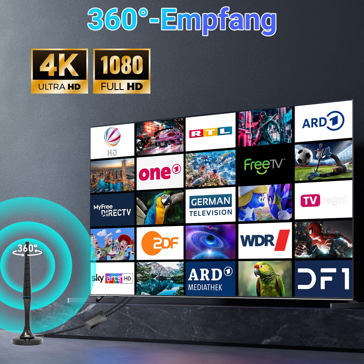 DVB-T/DVB-T2 Antenne mit Verstärker, 360° Empfang & Großer Reichweite, Innen TV Antenne mit Magnetfuß & 5M Koaxialkabel, Unterstützt 4K 1080P DAB/UHF/VHF, Kompatibel mit Allen Fernsehern