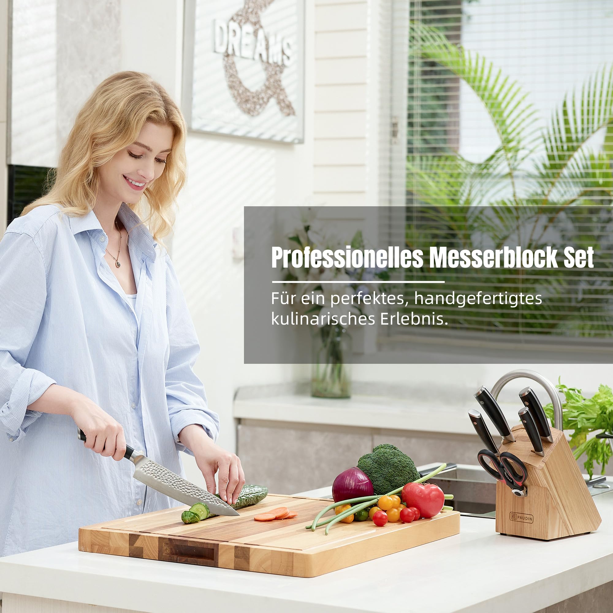 PAUDIN Bloque de cuchillos cuchillo, Juego de cuchillos de 7 piezas inoxidable al carbono juego de cuchillos de cocina profesionales, tijeras y bloque de madera, mangos ergonómicos