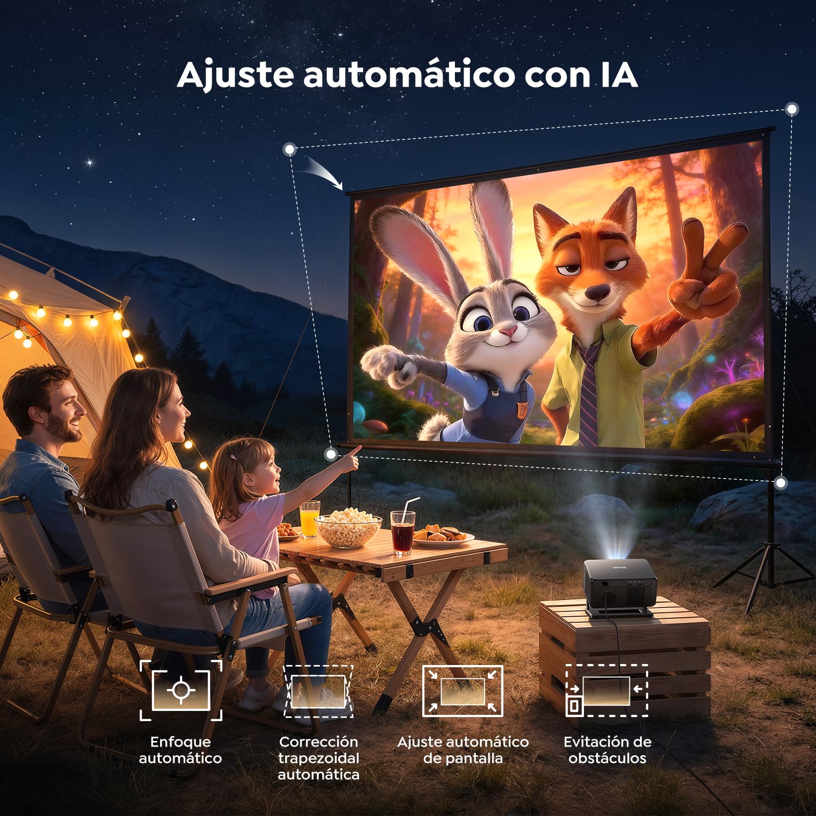 Proyector 4K【Google TV 14.0/Official Apps/Auto Focus/Keystone】 Proyector portatil Control por Voz 1080P FHD Nativo HDR10,WiFi 6 & Bluetooth 5.3 SmartProyector para Exterior/Cine en Casa/Techo/HDMI